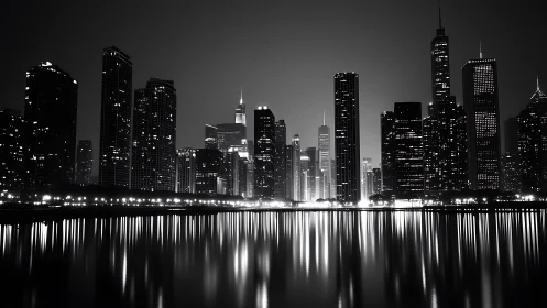 Monochrome waterfront skyline with vertical light reflections.