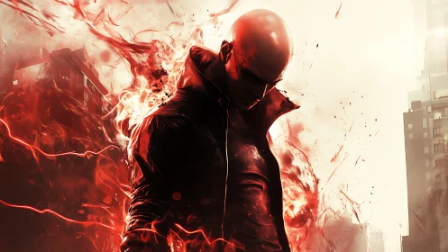Bald antihero in leather coat erupts with red energy in ruined city