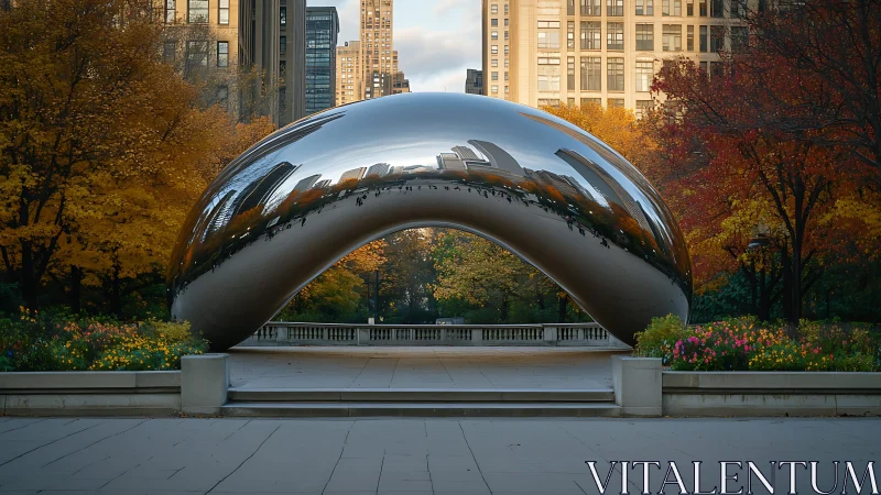 Glowing chrome sculpture cradled by soft autumn city light.