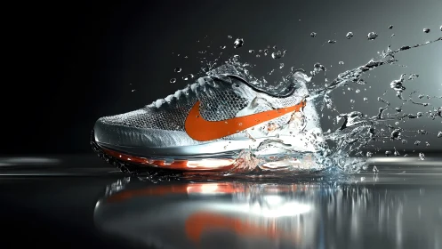 Dynamic sports shoe with orange swoosh splashing in water, hyper-realistic style.