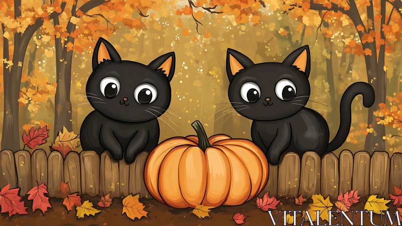 Black Cats and Pumpkin in Autumn Forest. Halloween Scene.