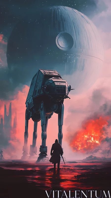 Cinematic sci-fi walker advances beneath colossal battle station