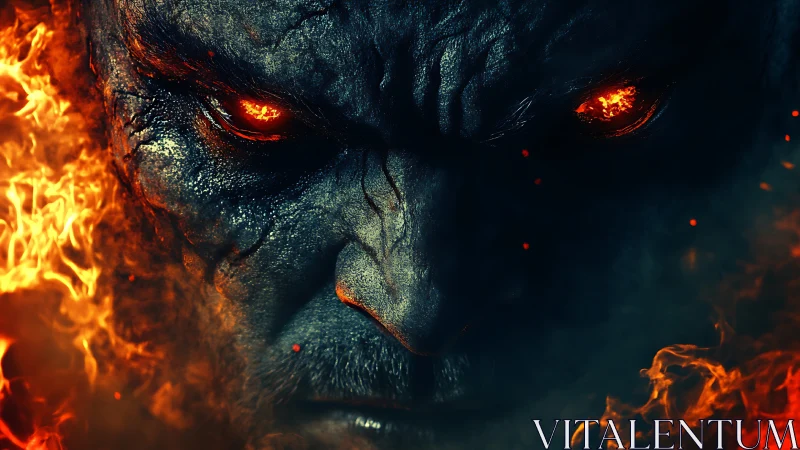 Infernal demonic visage with molten ember eyes in flames.