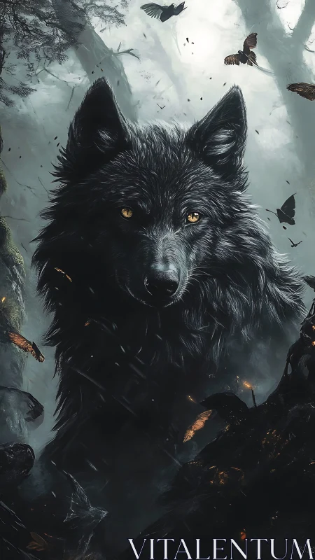 High-contrast black wolf portrait with cinematic forest backlighting