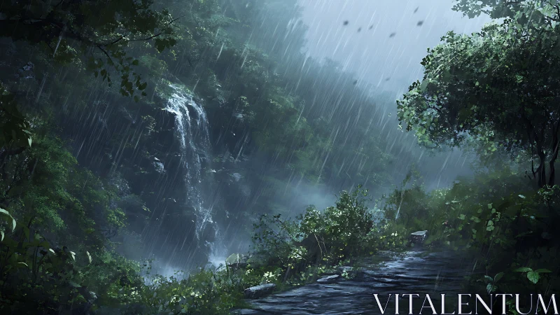 Misty Forest Waterfall in Soft, Rainy Mountain Solitude