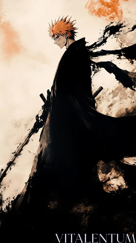Stoic swordsman in fragmented black cloak silhouette.