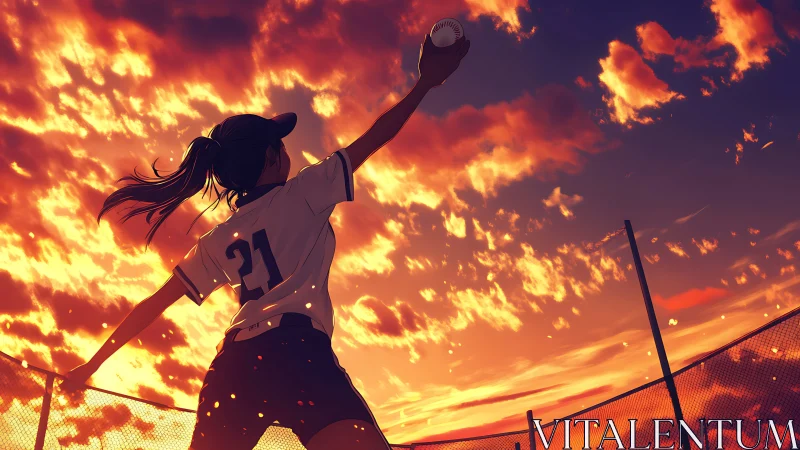 Girl pitcher reaches for a baseball against vivid sunset sky.