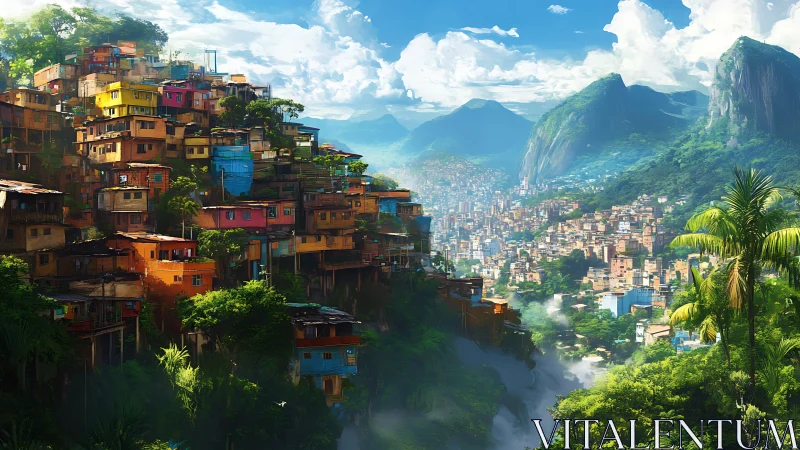 Skyline of stacked favela dreams above emerald valleys.