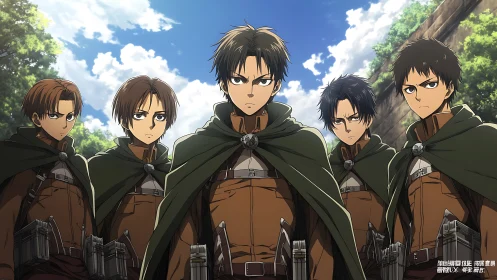 Five determined anime soldiers in green cloaks stand united.