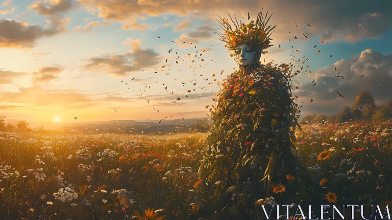 Floral nature spirit emerging in radiant golden sunset meadow.