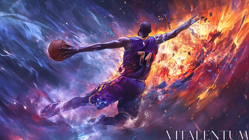 Soaring basketball hero gliding through fire and stardust.