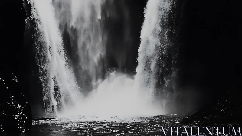 Monochrome waterfall plunge in high-contrast shadow study.