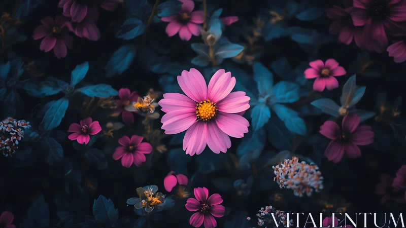 Midnight garden cosmos glowing in teal and magenta tones.