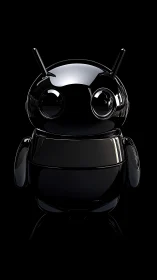 Glossy black robot mascot rendered on reflective black background.