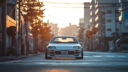Low-slung white sports coupe on empty urban street at sunrise