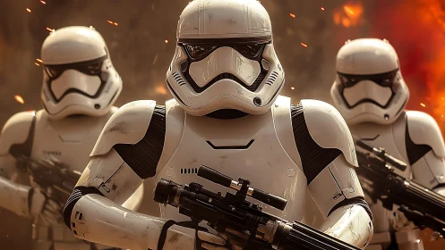 Armored sci-fi troopers advancing through explosive battlefield.