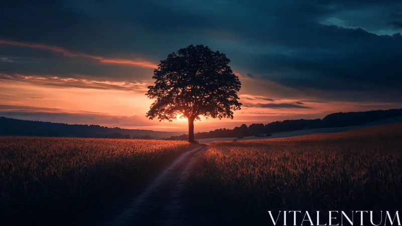 Solitary field tree aligned to sunset horizon with dynamic sky