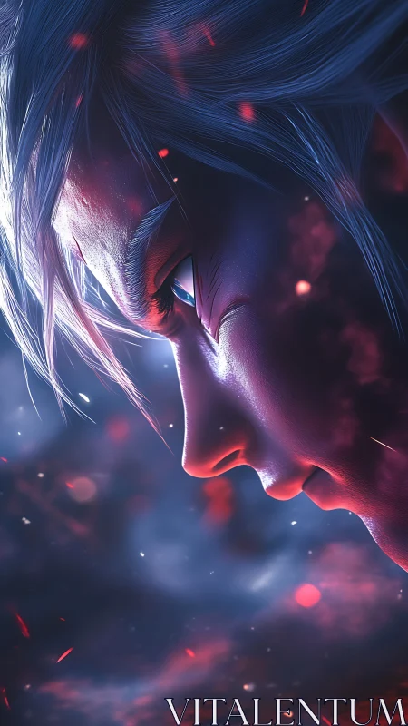 Stoic anime warrior glows against swirling cosmic embers.