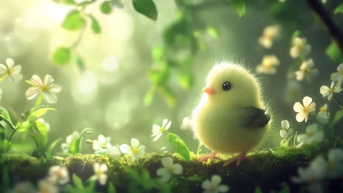 Fluffy yellow chick in luminous mossy spring meadow.