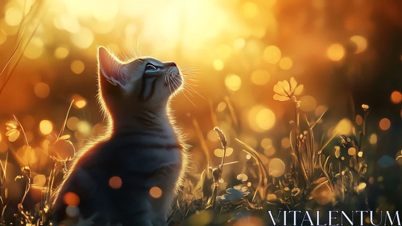 Golden hour kitten in glowing meadow bokeh light.