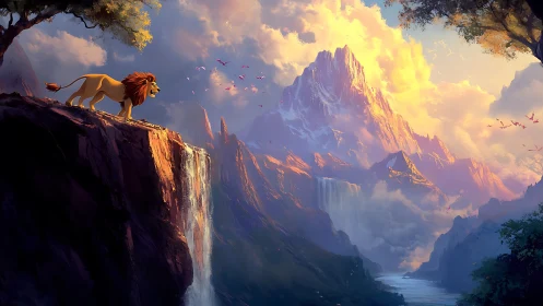 Majestic lion surveys luminous waterfalls and alpine peaks.
