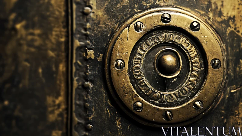 Close-up of aged brass doorbell on weathered metal surface.
