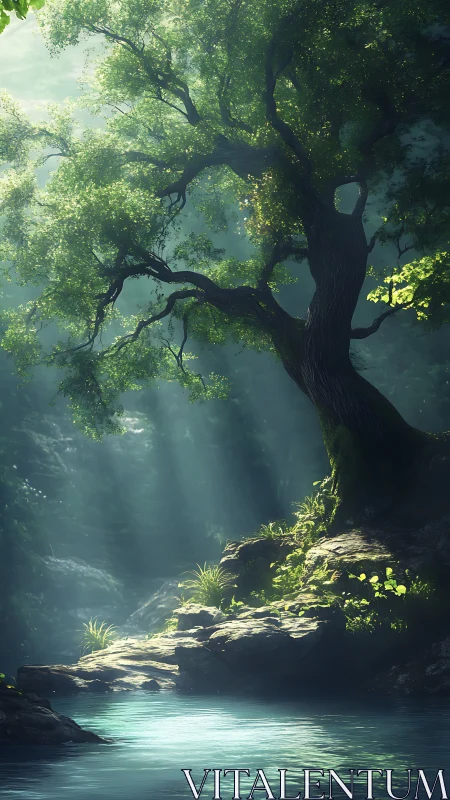 Volumetric sunlight over fluvial pool and arboreal outcrop.