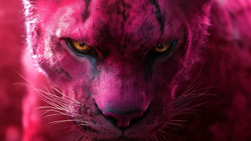 Magenta-toned feline portrait with amber eye contact.
