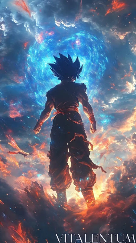 Silhouetted fighter stands before circular blue energy vortex