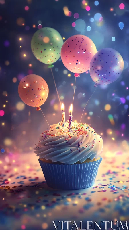 Luminescent Balloons Ascending from Birthday Cupcake with Dynamic Bokeh Lighting
