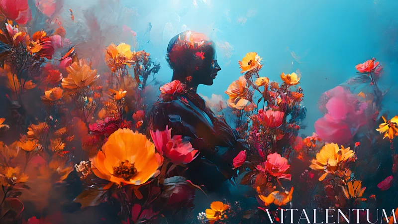 Silhouetted figure drifts through glowing surreal flower dreamscape