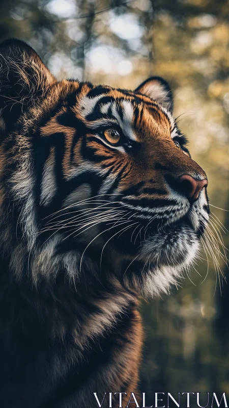 Gentle forest tiger gazing ahead with quiet golden strength.