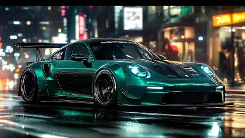 Neon-soaked teal supercar prowls through rainlit city nights.