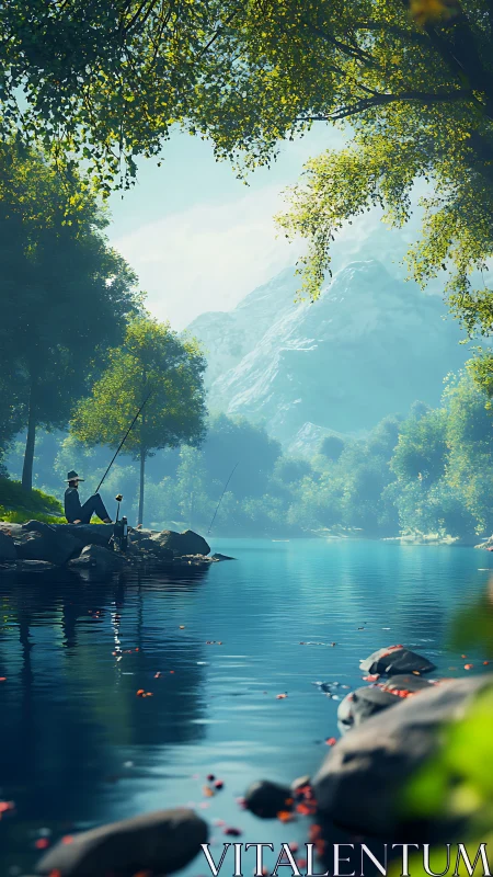 Riverbank daydreamer angling for quiet under emerald canopies.