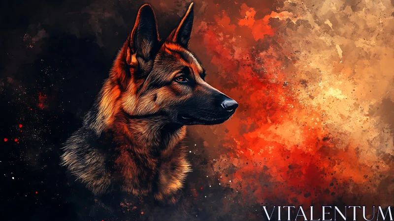 Noble shepherd gazes calmly through warm painted embers