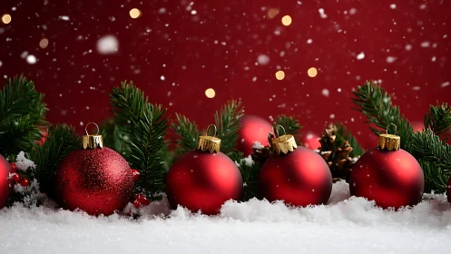 Cozy red Christmas baubles nestled in snowy evergreen cheer.