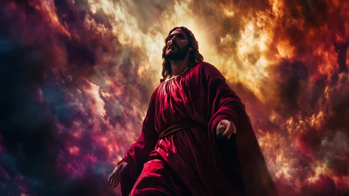 Radiant robed figure walks through blazing celestial clouds.