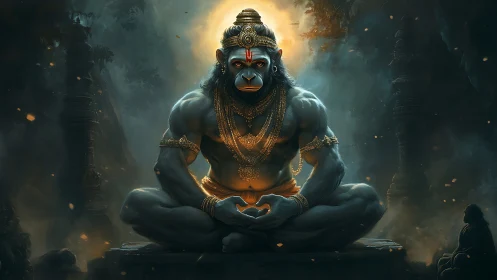 Divine simian yogi in mystical golden haloed temple night.