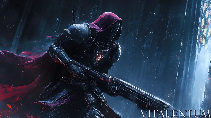 Hooded sci fi hunter advances through a rain soaked cathedral
