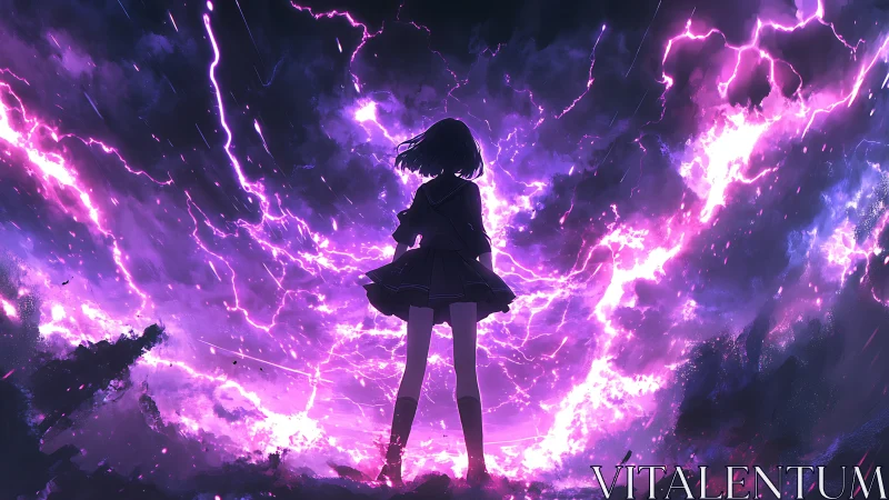 Stormcall schoolgirl crowns a violet electric horizon.