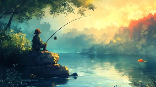 Sunlit silence hooks the lone fisherman in painted mist