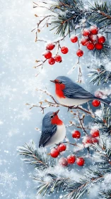 Red-breasted songbirds perch on snowy pine and berry branches