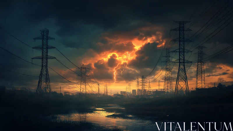 Storm-lit power lines over flooded industrial marshland.