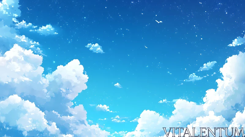 Cloud-filled blue sky with distant birds in digital view.