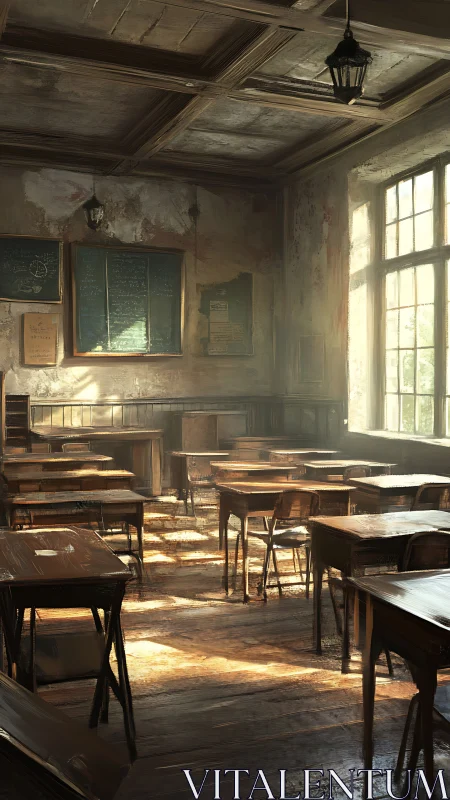 Sunlit abandoned classroom interior with worn wooden desks