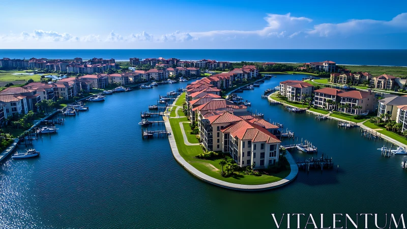 Waterfront residential architecture: curvilinear development with maritime infrastructure.