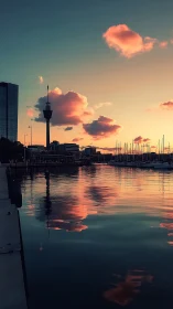 Harbor skyline at dusk with cloud reflections and tower silhouette.