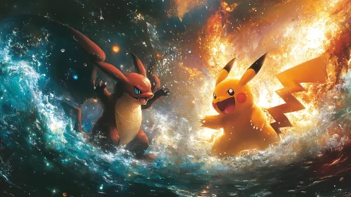 Dynamic elemental clash unites stylized fire and lightning forms