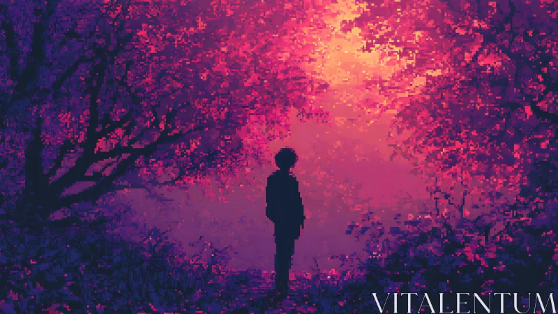 Backlit silhouette in magenta pixel forest diffusion field.