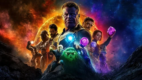 Cosmic battle composition with glowing stones and space vortex.